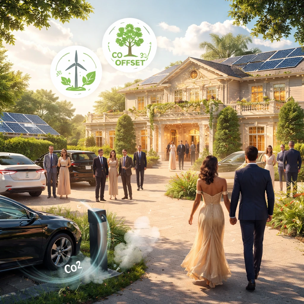 Illustration of a wedding event with guests arriving, venue with lighting, and symbolic icons showing emissions and carbon offsetting