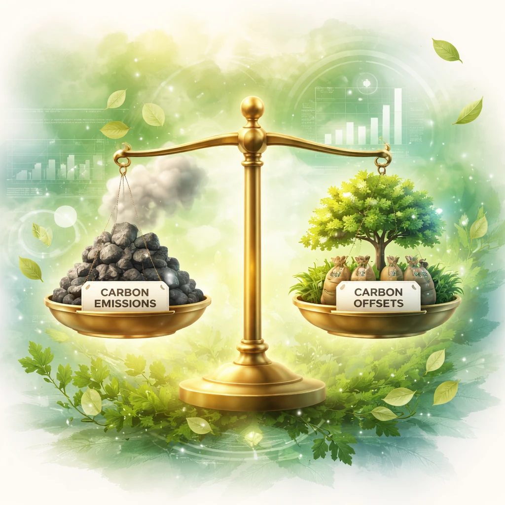 Balanced scale representing carbon emissions and offsets with themes of nature and data