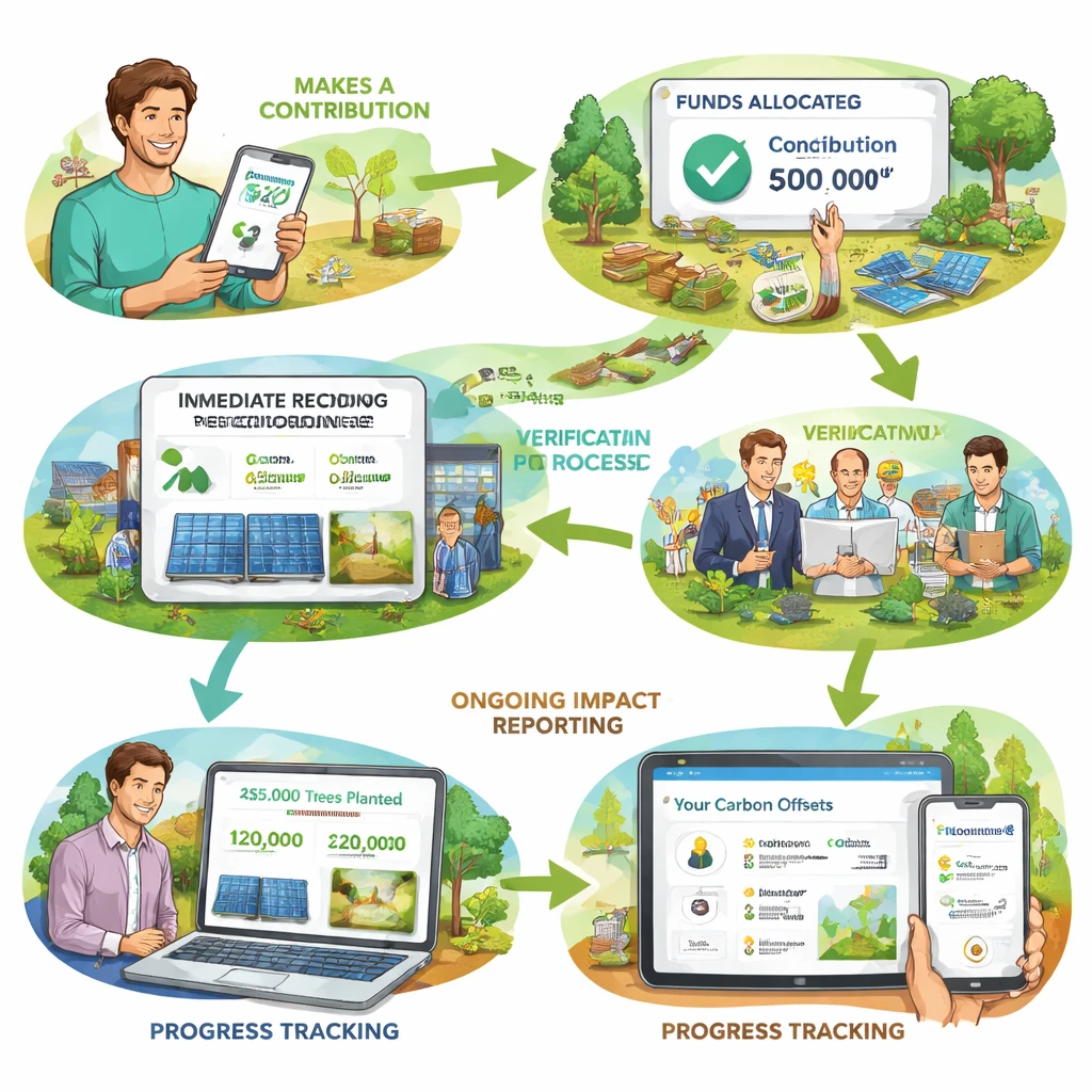 Illustration showing steps after carbon offset: contribution recording, fund allocation, project verification, impact reporting, and progress tracking on a digital platform.