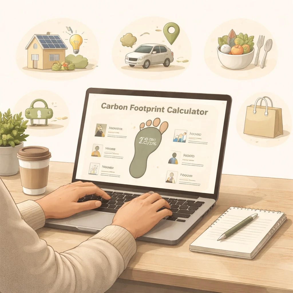 Person calculating their carbon footprint on a laptop with various carbon impact icons around, symbolizing home energy, transportation, food, and lifestyle.