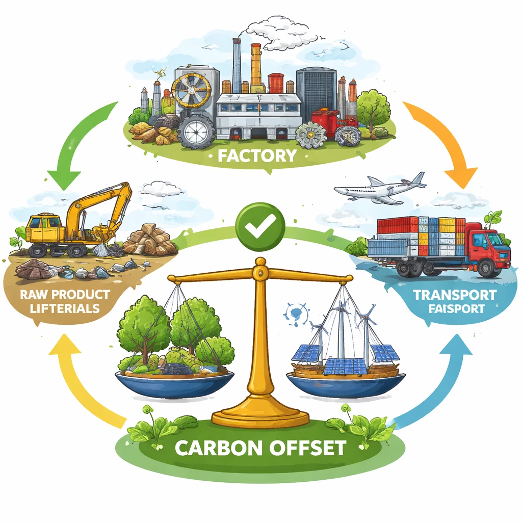 Graphic depicting product lifecycle stages with icons representing carbon emissions and offsetting projects