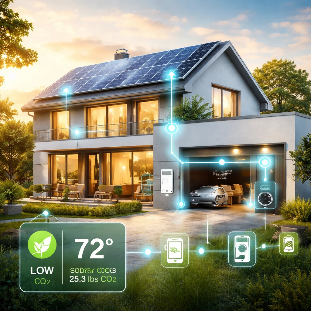 Illustration of a home with solar panels and digital energy and carbon footprint icons representing home energy use and carbon impact