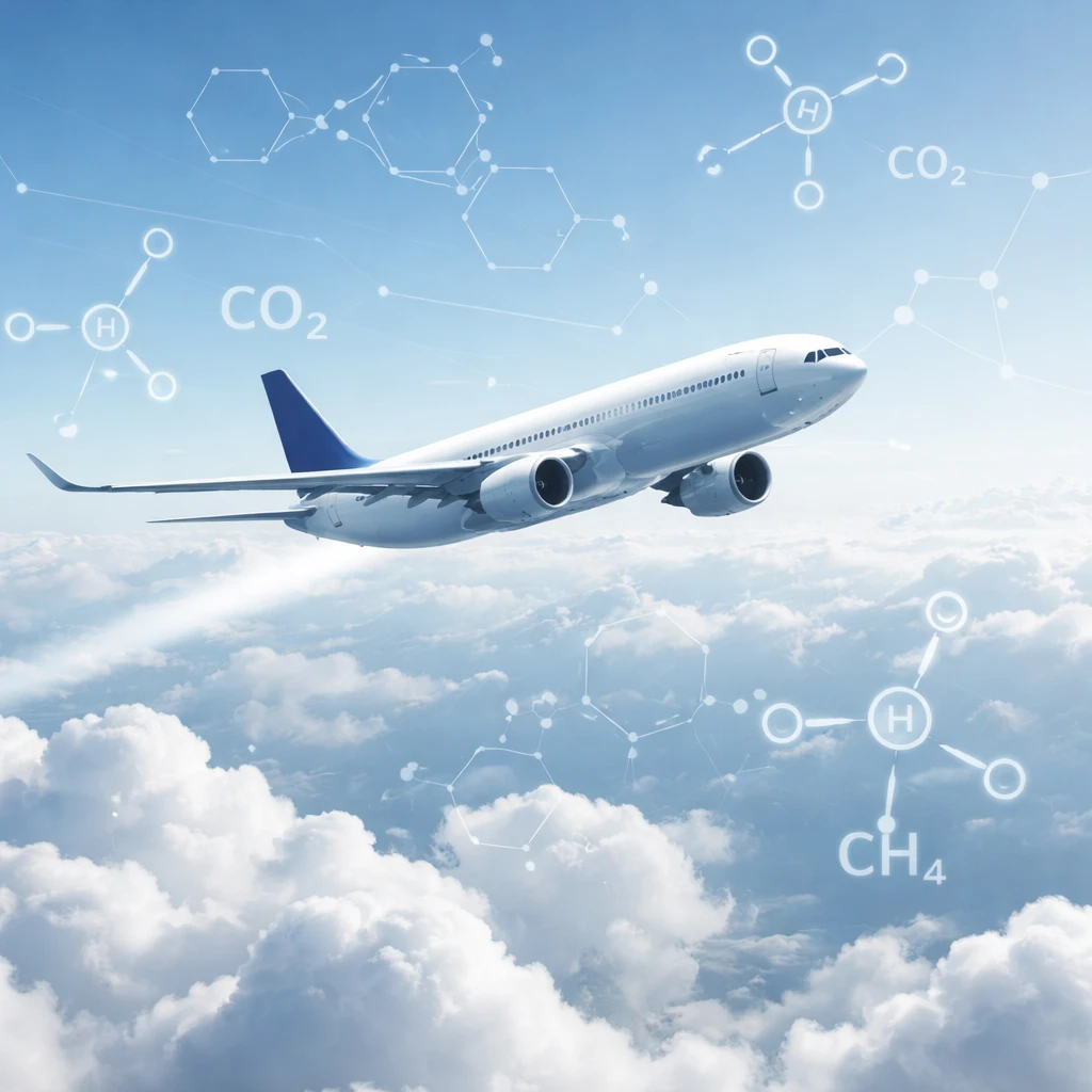 Airplane flying above clouds with graphics representing carbon emissions