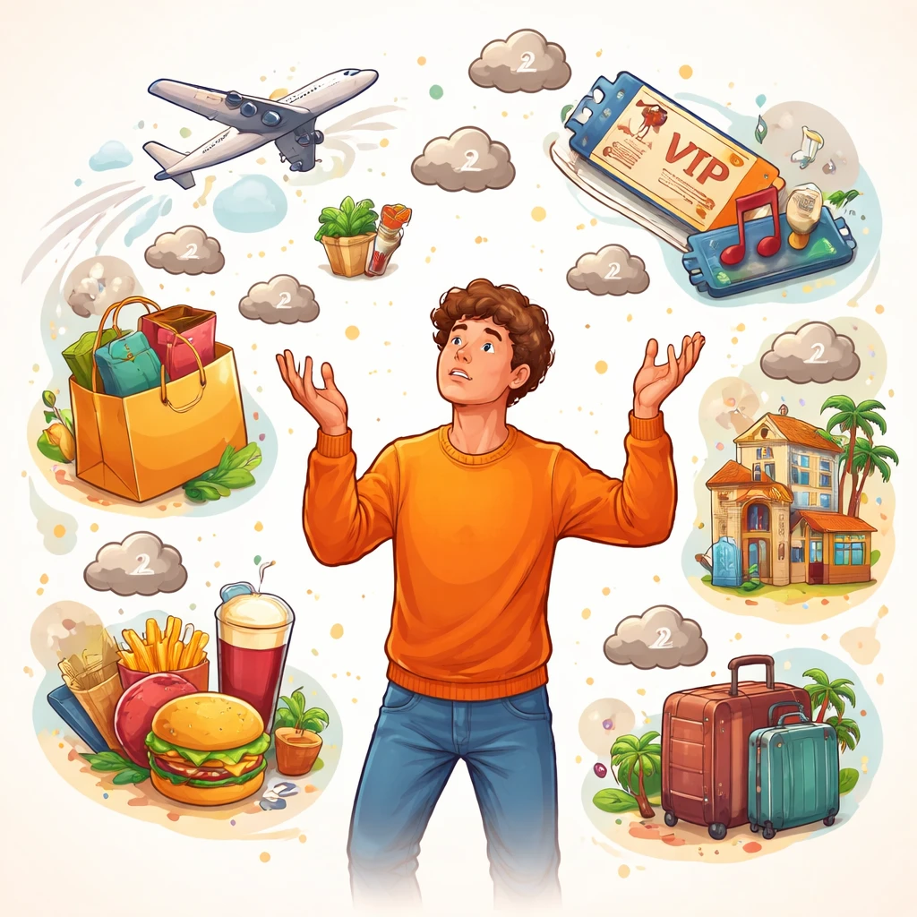 Illustration of a person surrounded by icons representing different one-time activities with carbon footprint symbols
