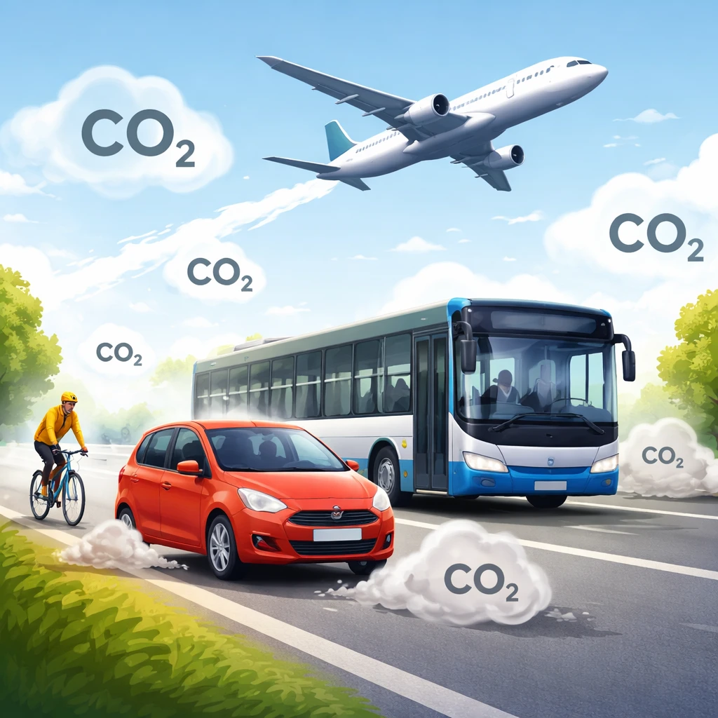 Illustration showing various transportation modes such as car, bus, bicycle, and airplane to represent transportation carbon footprint concept.