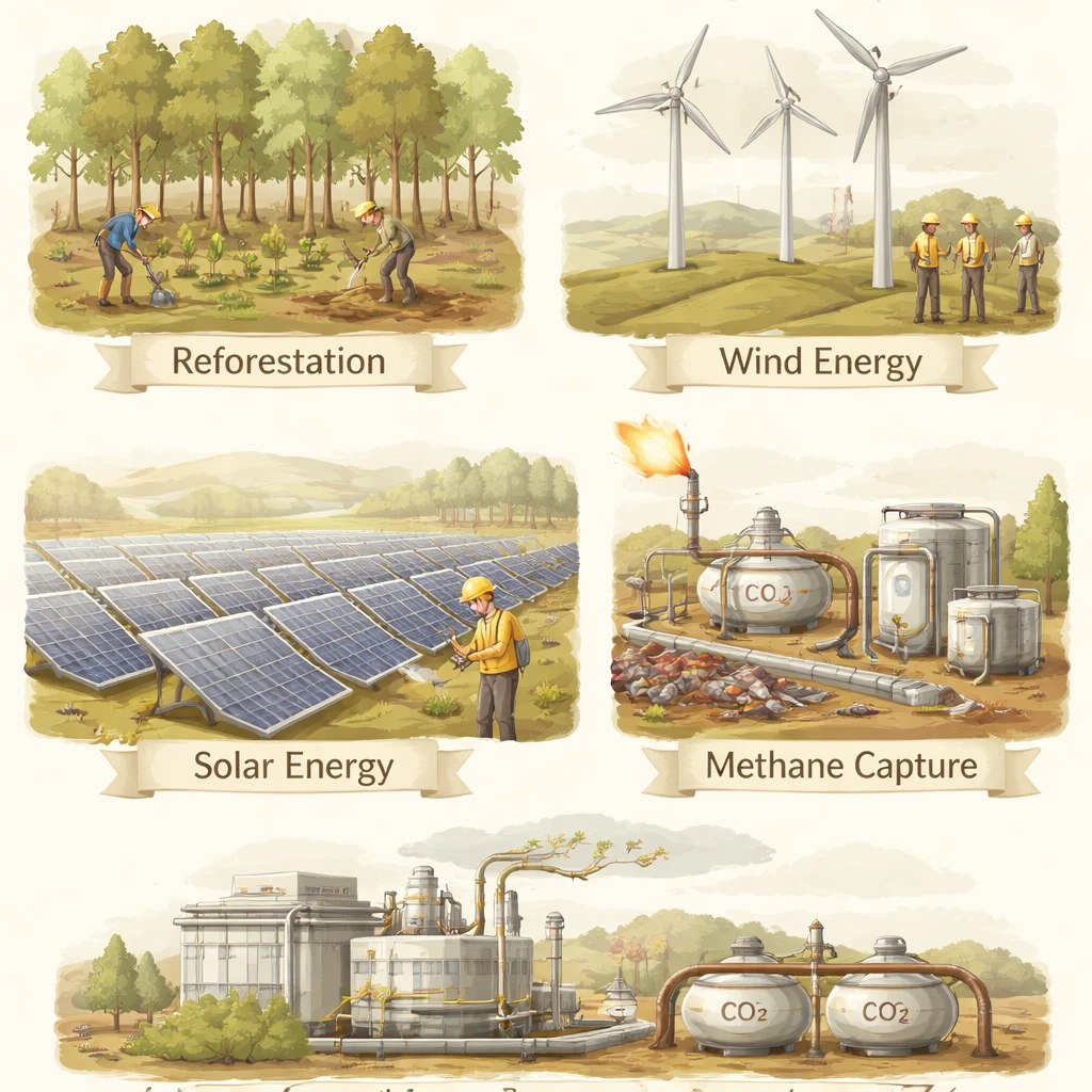 Illustration of various carbon offset project types including forests, renewable energy, and methane capture