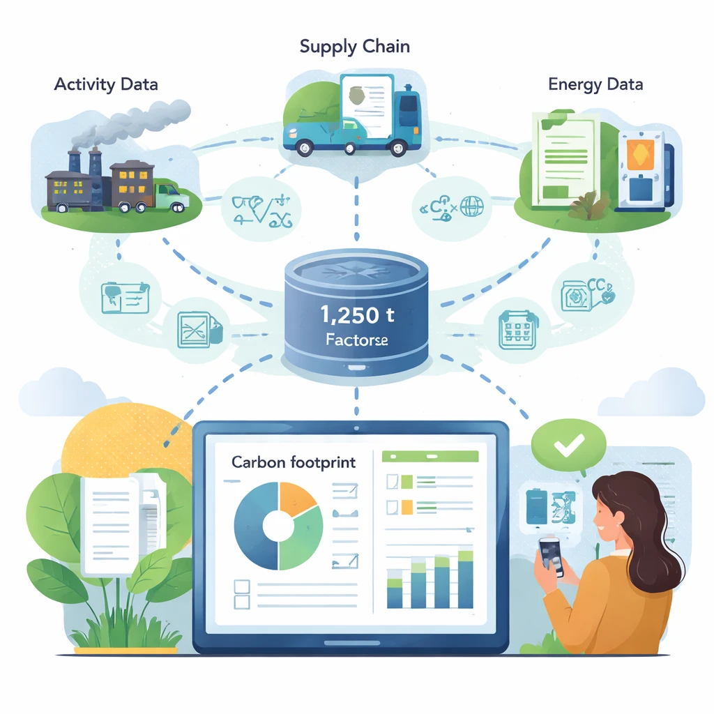 Illustration of data sources and transparent carbon impact estimation process resulting in a digital dashboard display