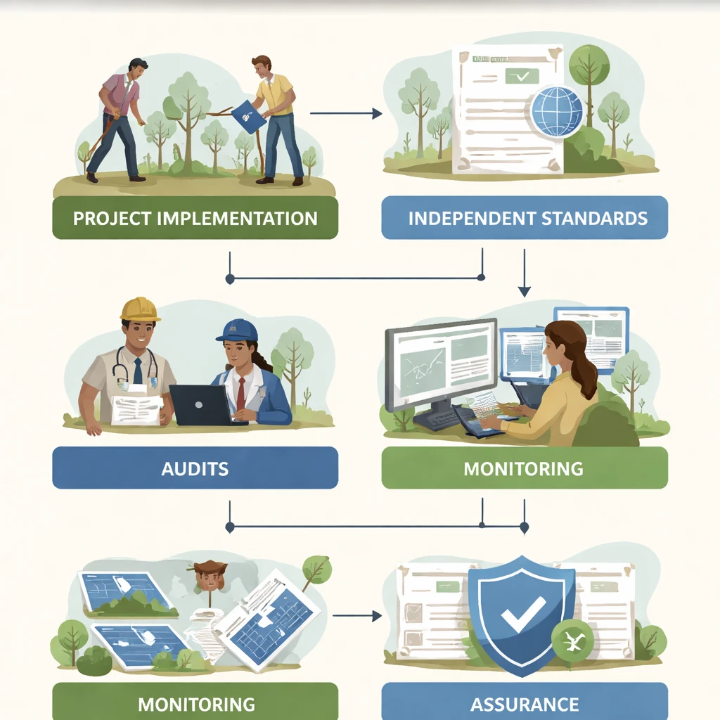 Illustration of the carbon project verification process showing stepwise flow from project setup through independent auditing and verification.